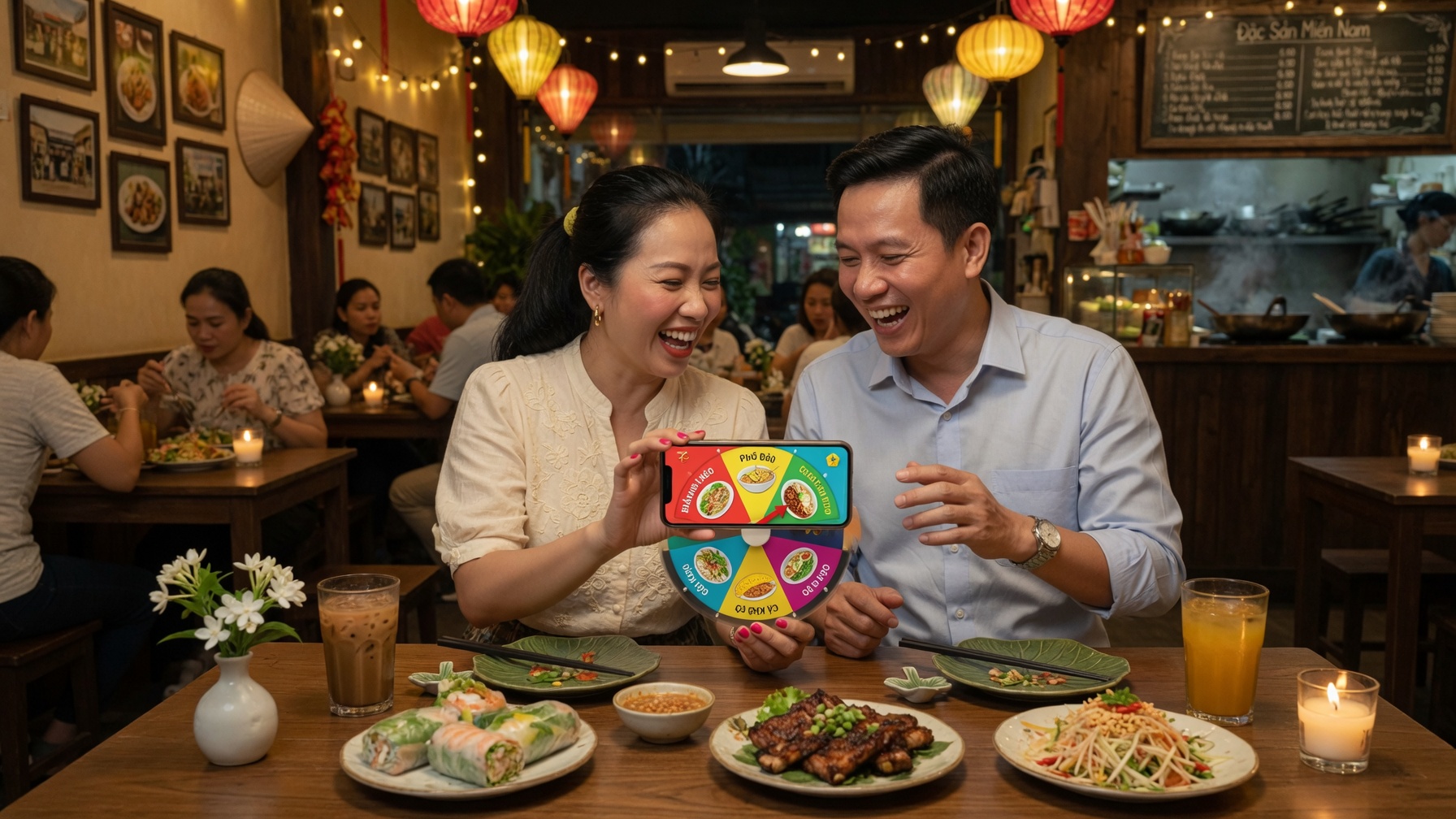 Cặp đôi dùng vòng quay random chọn món tại nhà hàng Việt Nam