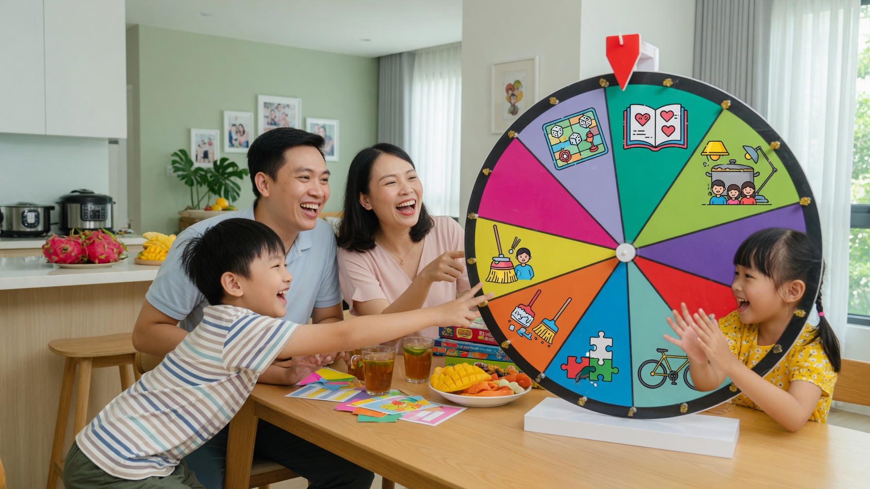 Gia đình Việt Nam hạnh phúc cùng nhau quay vòng random để gắn kết tình cảm và dạy con cái