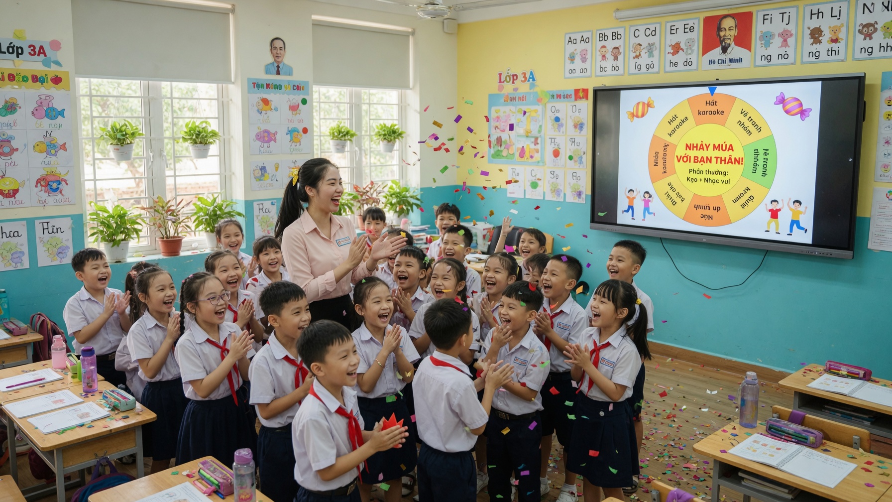 Học sinh hào hứng khi giáo viên dùng vòng quay may mắn