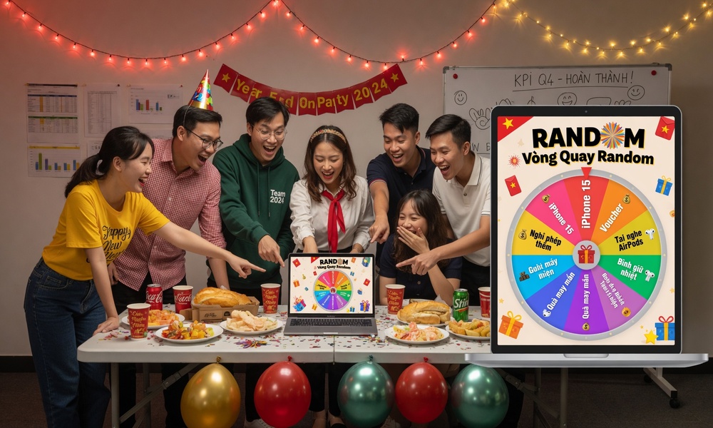 Nhóm bạn dùng vòng quay random để bốc thăm quà