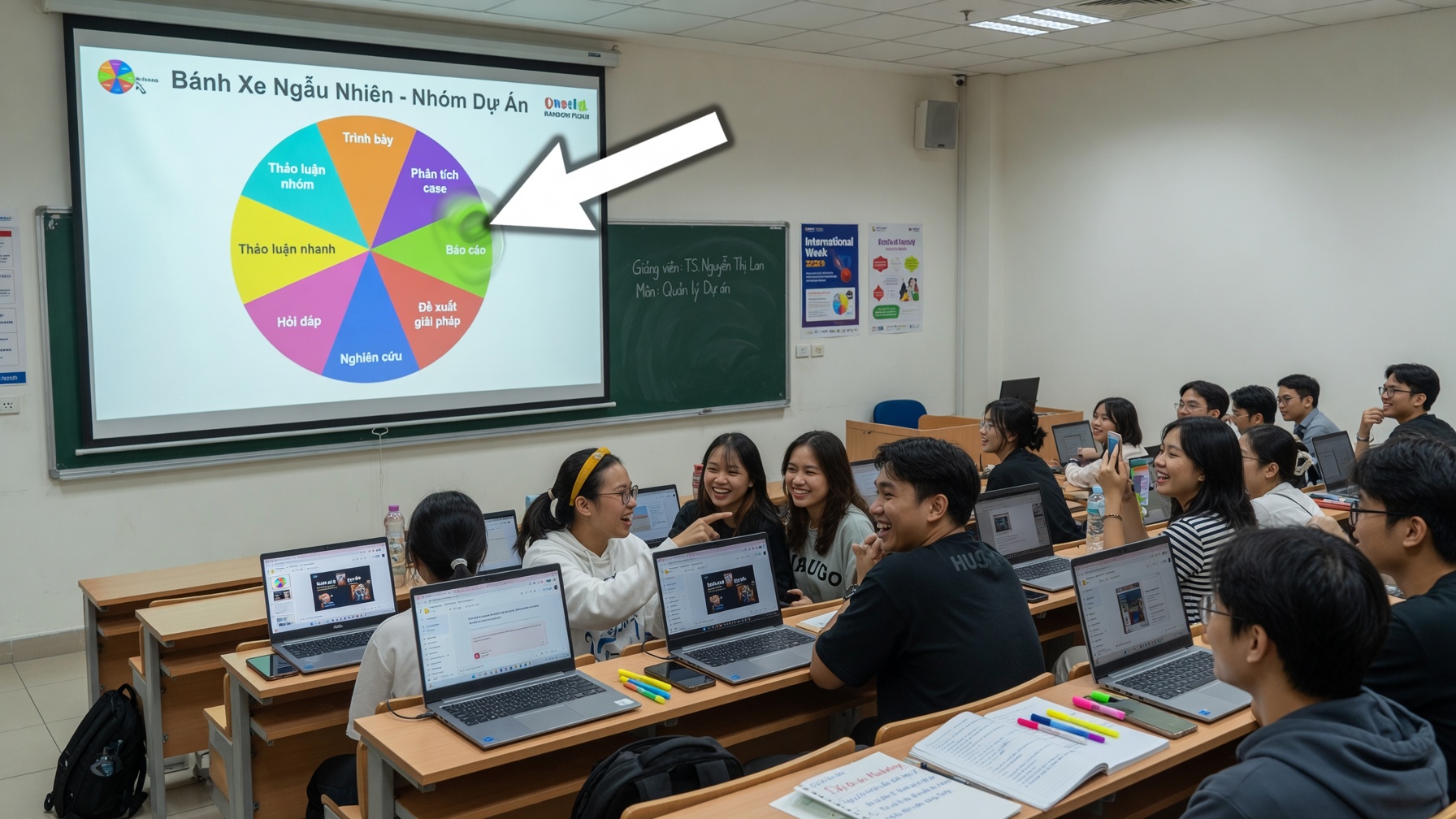 Sinh viên dùng vòng quay ngẫu nhiên phân công nhóm