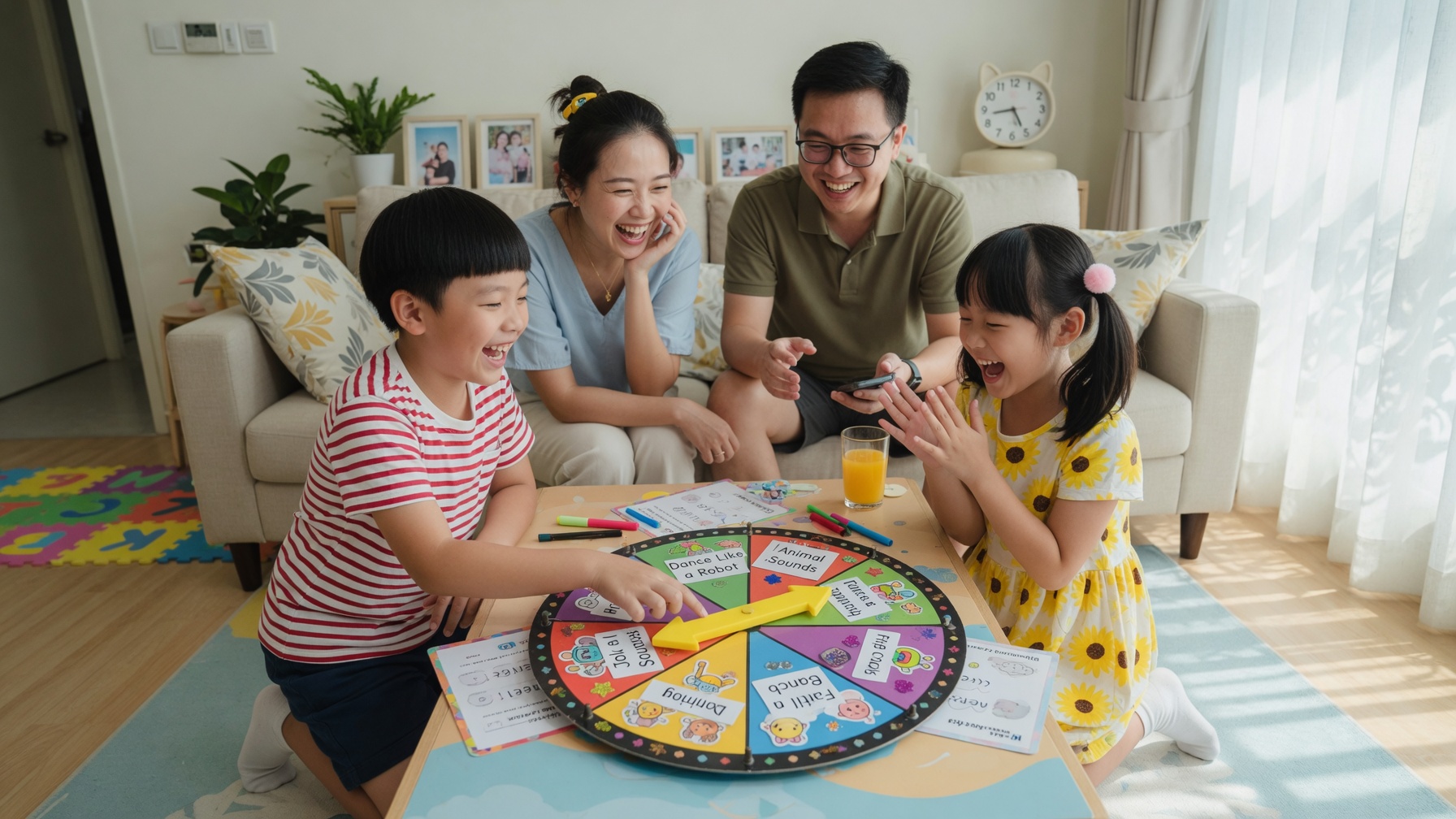 Trẻ em vui vẻ quay vòng random cùng bố mẹ tạo không khí gia đình ấm áp