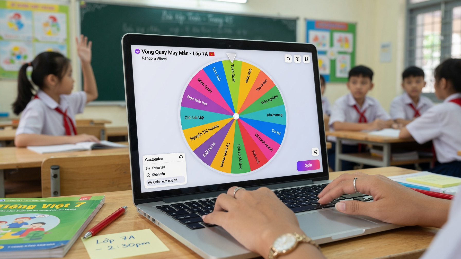 Tạo vòng quay chọn học sinh và hoạt động vui vẻ trên laptop