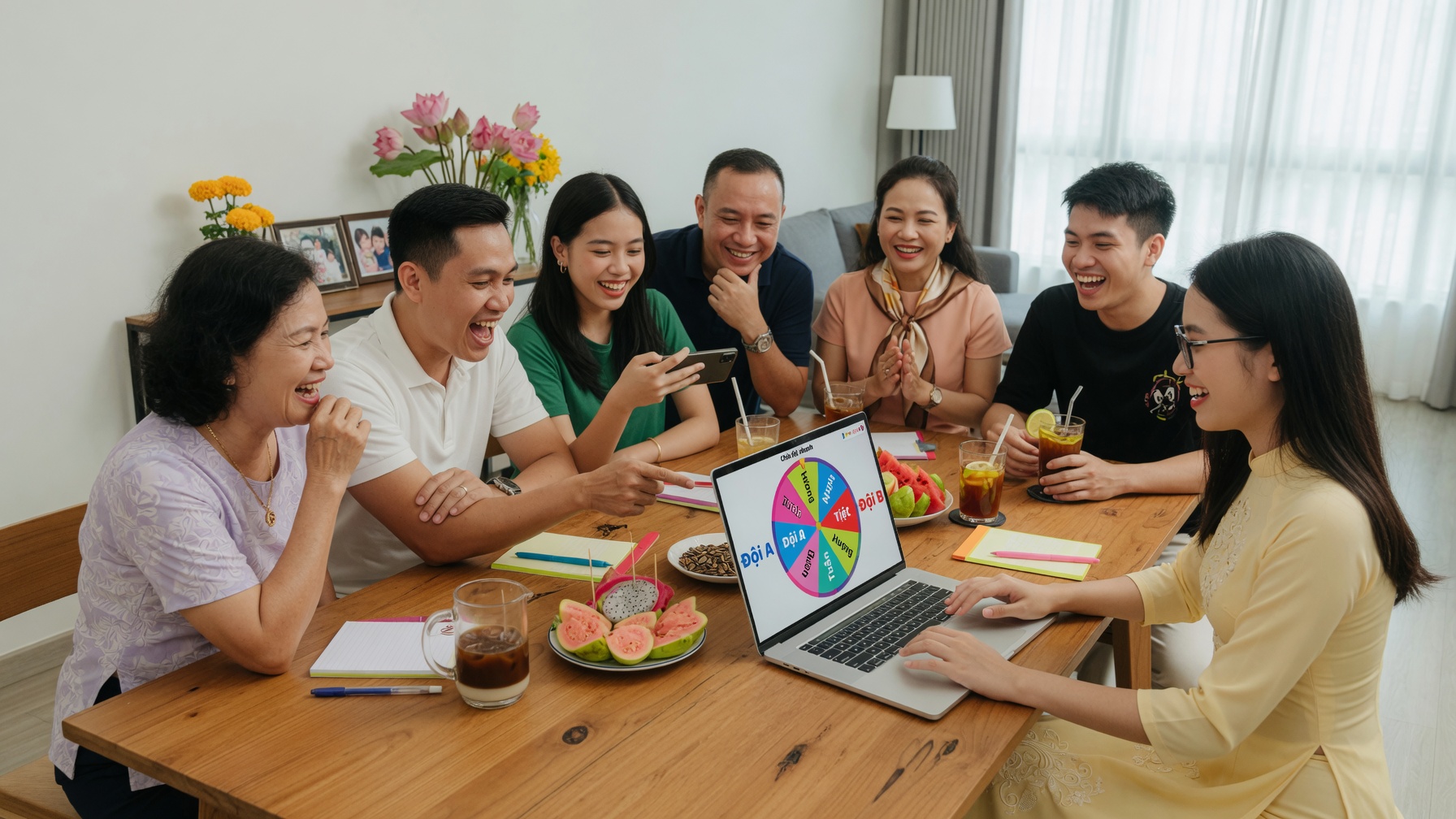 Gia đình và bạn bè Việt Nam vui vẻ sử dụng vòng quay chia đội ngẫu nhiên trên laptop để phân chia công bằng nhanh chóng