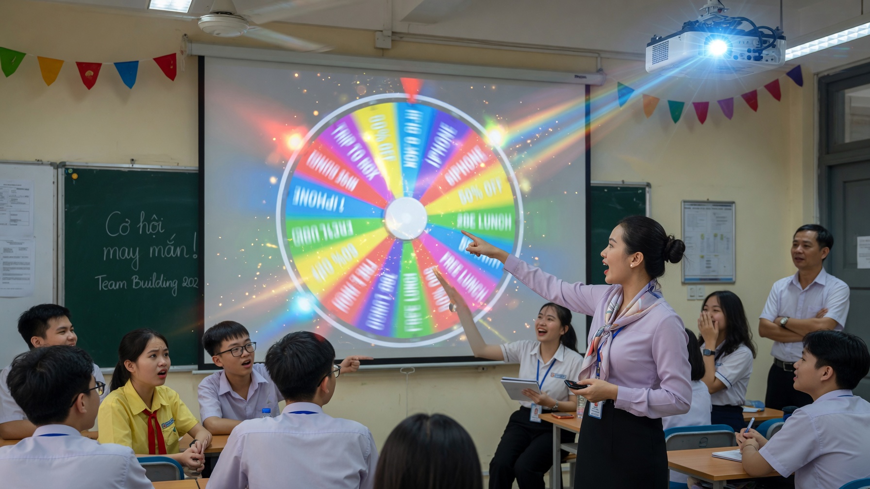 Giáo viên quay vòng may mắn trước học sinh