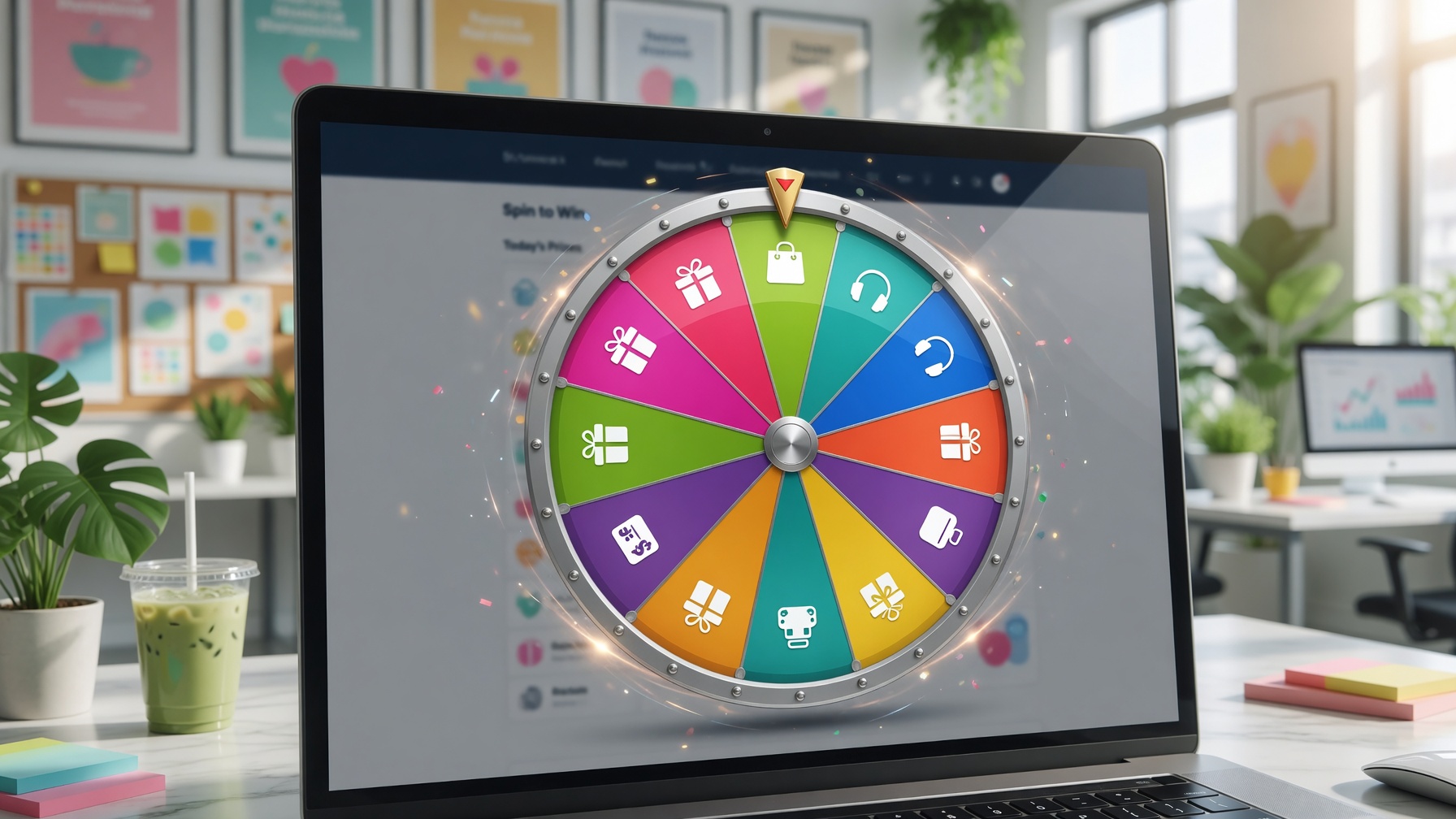 Vòng quay may mắn kỹ thuật số hiện đại trên laptop trong chiến dịch marketing hút khách